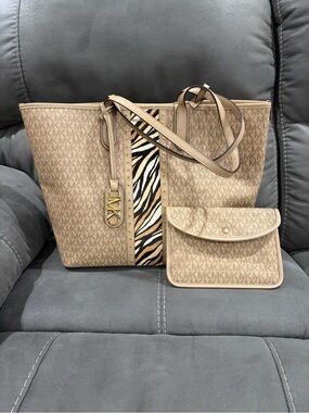 Michael Kors Tan Logo Tote with Zebra-Print Center Panel